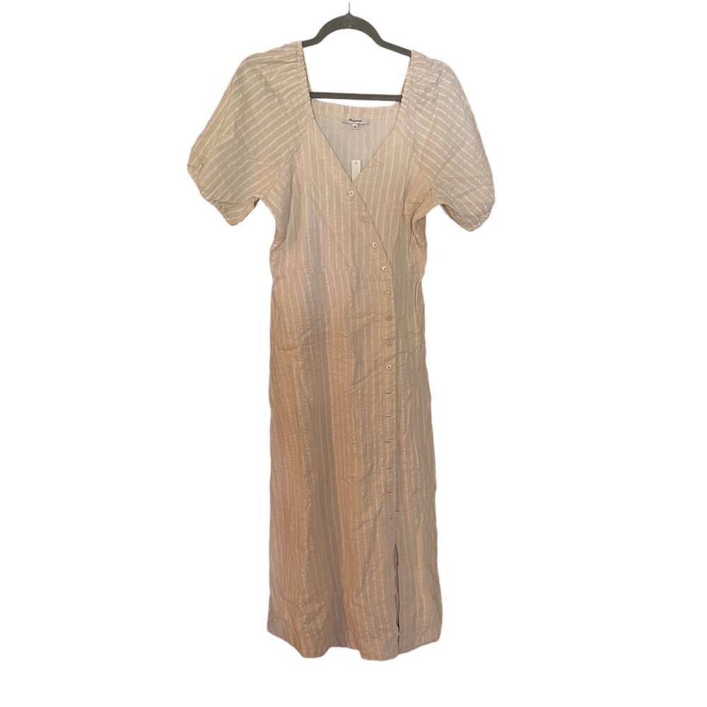 NWT Madewell Beige Striped Puff Sleeve Midi Dress Button-Front Square Neck Women
